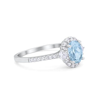 Oval Engagement Ring Round Simulated Aquamarine CZ 925 Sterling Silver